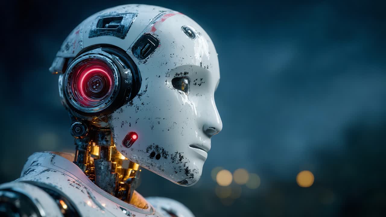 Loş Işıklı Bir Ortamda Son Derece Gelişmiş Bir Android'in Karmaşık Tasarımını ve Duygusal İfadesini İnceleyen Fütüristik Bir Robot Yakın Çekimi