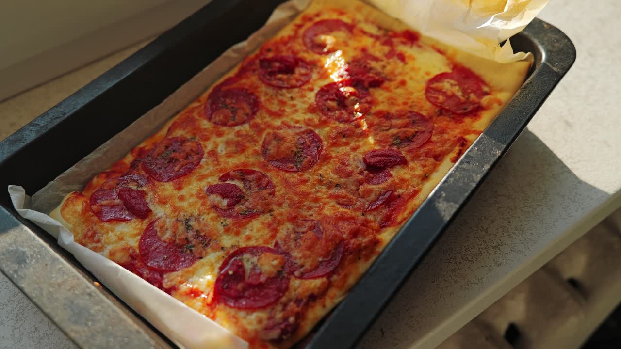 Sunset glow on homemade pepperoni pizza cooling in baking tray on windowsill