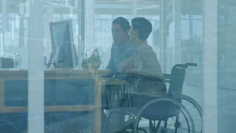 animation of graphs, diverse woman sitting on wheelchair discussing reports with coworker in office