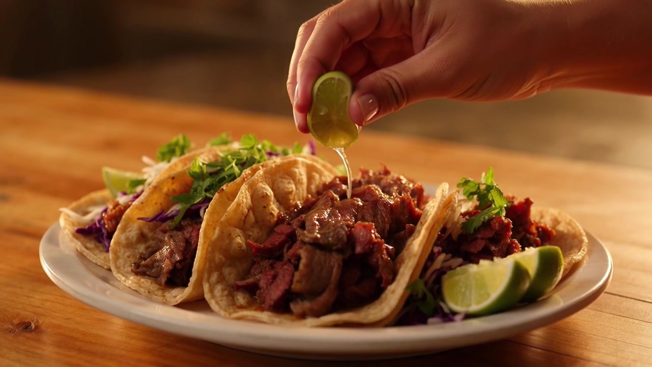Hånd presser frisk limesaft over lækre bøftacos