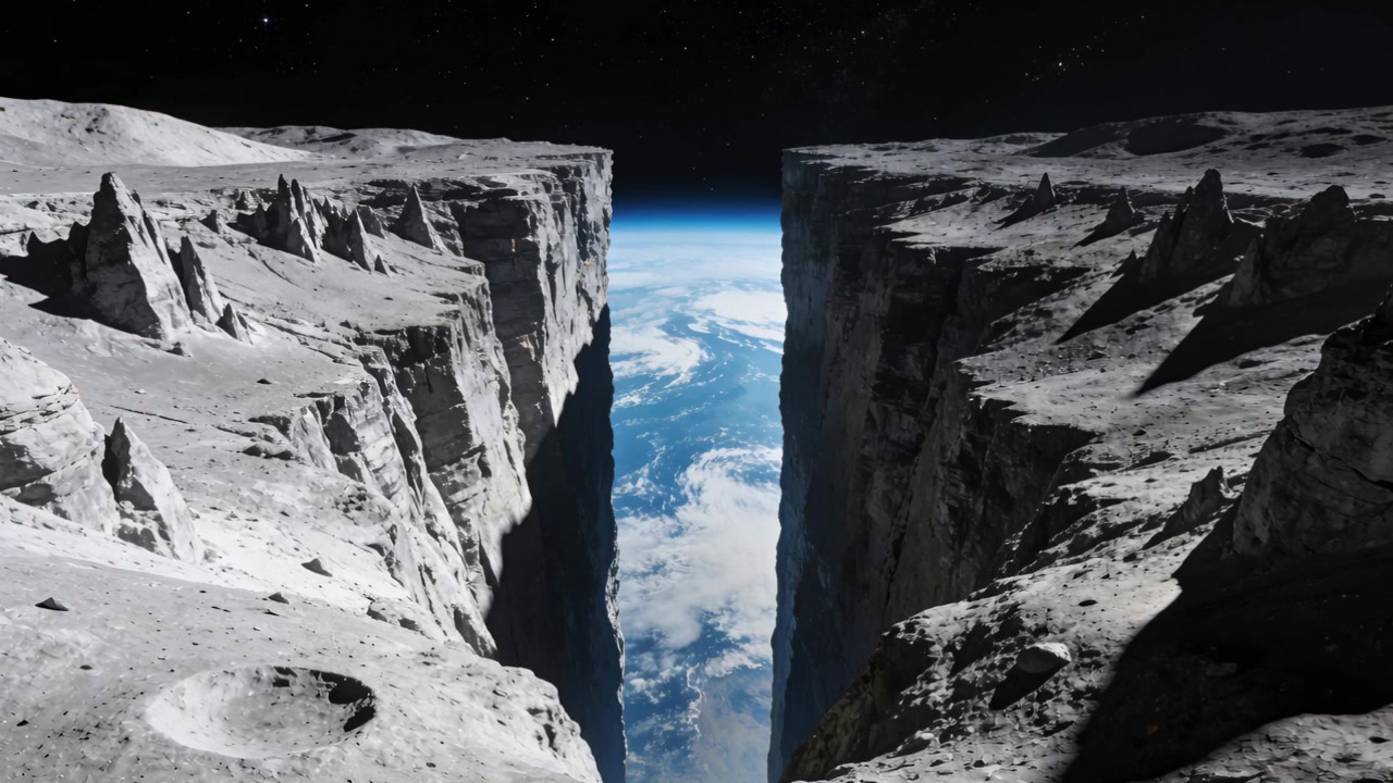 Tenendo ferma la fotocamera, inquadrando fessure e pareti rocciose sul bordo craterizzato della luna per inquadrare la Terra.