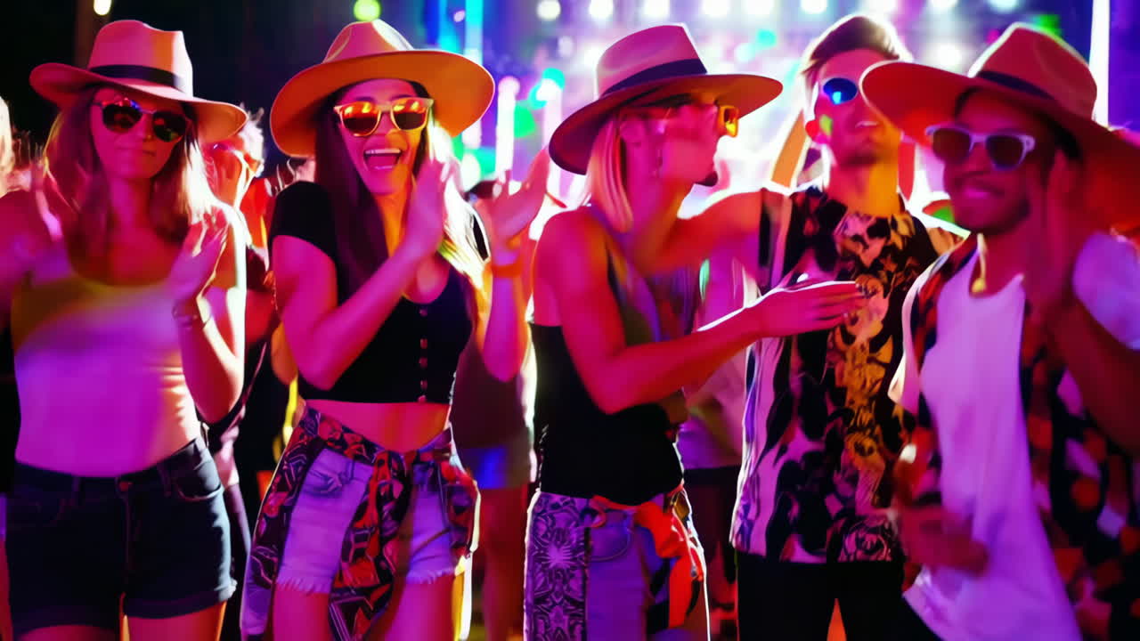 Group of friends enjoying a vibrant music festival at night