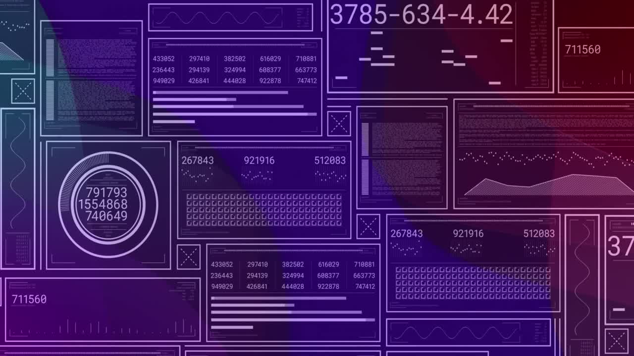 Animation of multiple screens with graphs, programming language and numbers