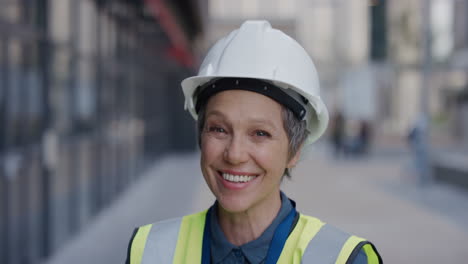 portrait happy senior construction engineer woman laughing enjoying professional career success wearing hard hat safety helmet slow motion reflective clothing