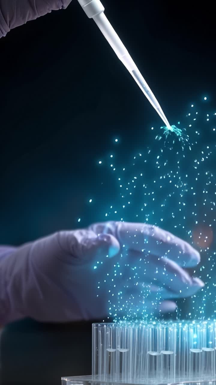 Dinámica de laboratorio: investigación y experimentación científica con una pipeta en un entorno de alta tecnología realzado por efectos luminosos.