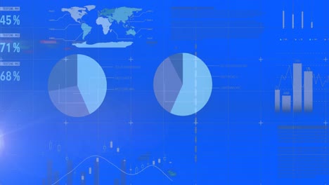 animation of light trails and data processing over blue background