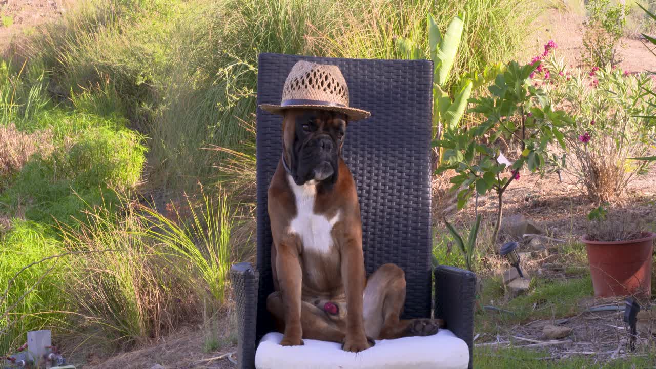 A dog wearing a straw hat sits upright in a garden chair, looking ahead as if he owns the entire garden.
