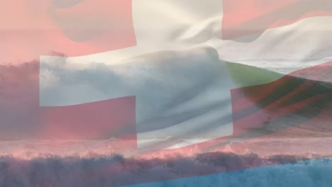 Digitale-Komposition-Der-Wehenden-Schweizer-Flagge-Gegen-Wellen-Im-Meer