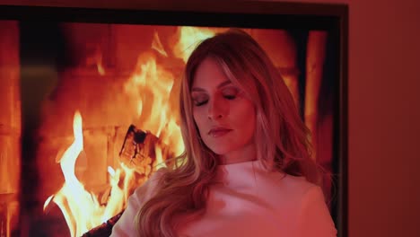 beautiful young woman sits in front of a tv with a campfire video. she looks intensely into the camera. the camera moves towards her.