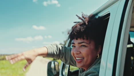 happy woman, freedom and van on road trip