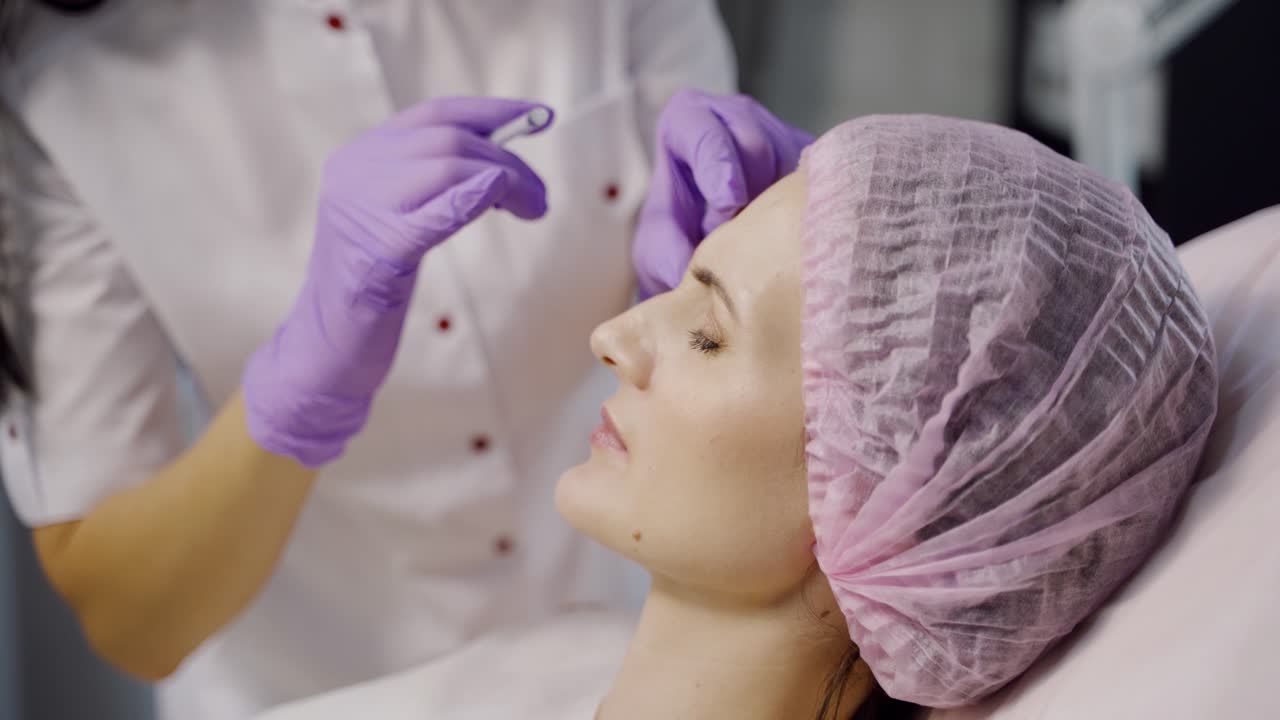 An experienced cosmetologist makes botox in the eyebrow area for a woman. Facial skin rejuvenation. Cosmetology. Side view