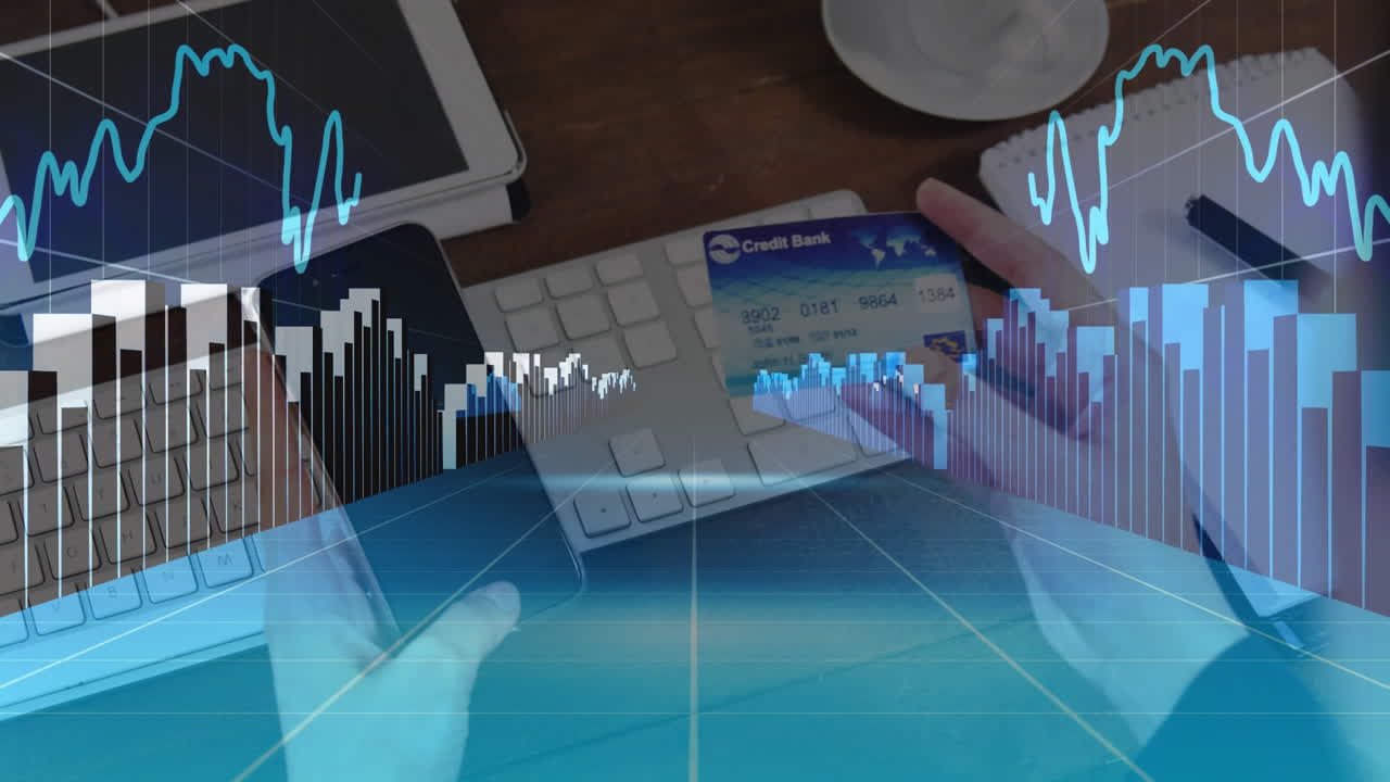 animazione dell'elaborazione dei dati finanziari su persona titolare di carta di credito e smartphone