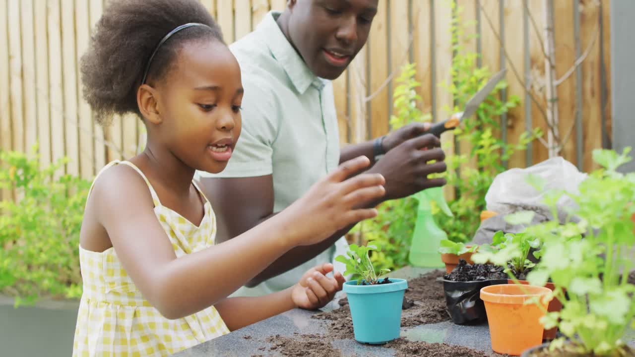 video de un padre y una hija afroamericanos plantando plantas