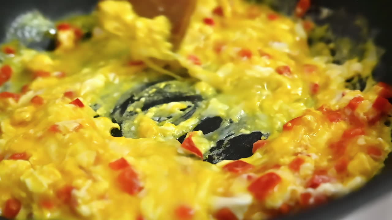 Preparazione di una frittata su una padella nera, slow motion