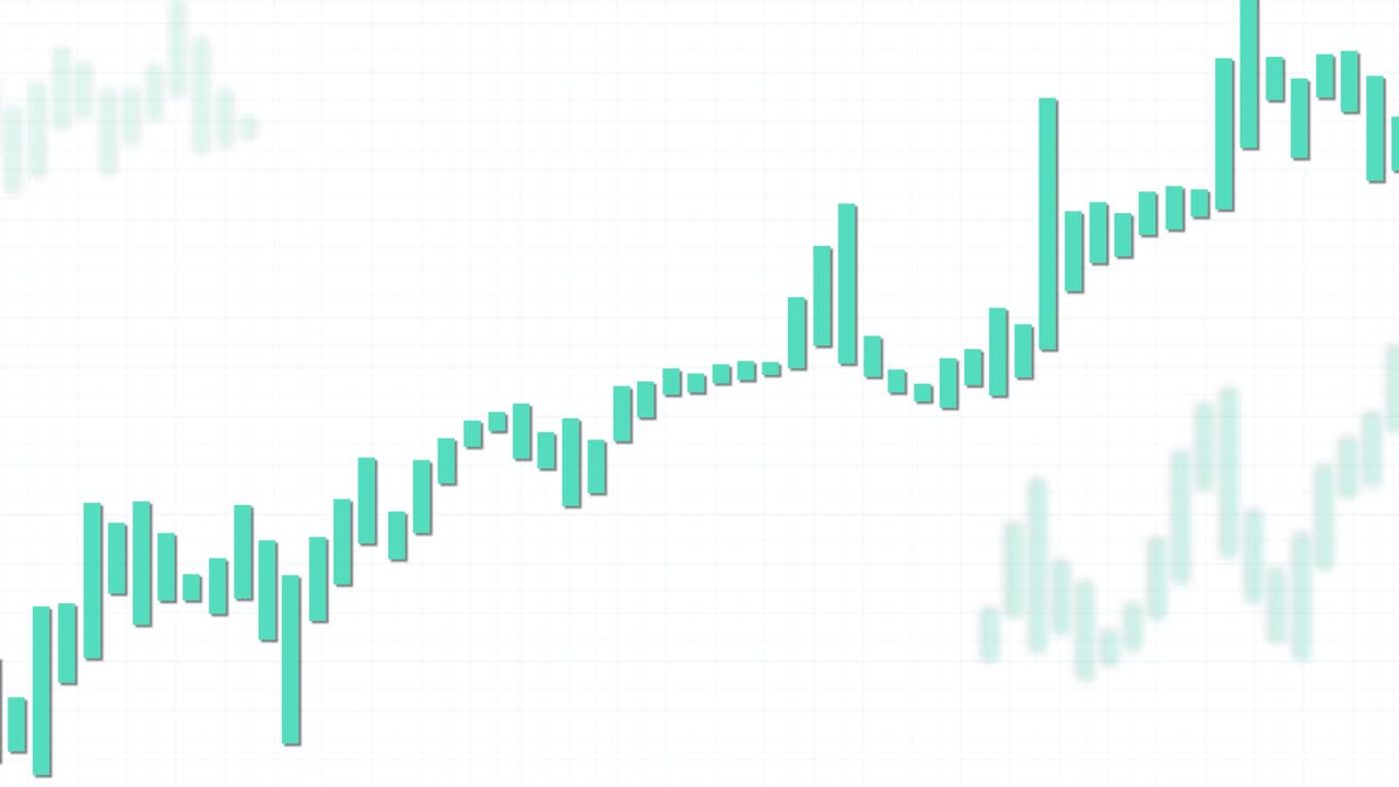 Green candlestick chart animates upward, simulating financial growth, with smooth camera pan and zoom
