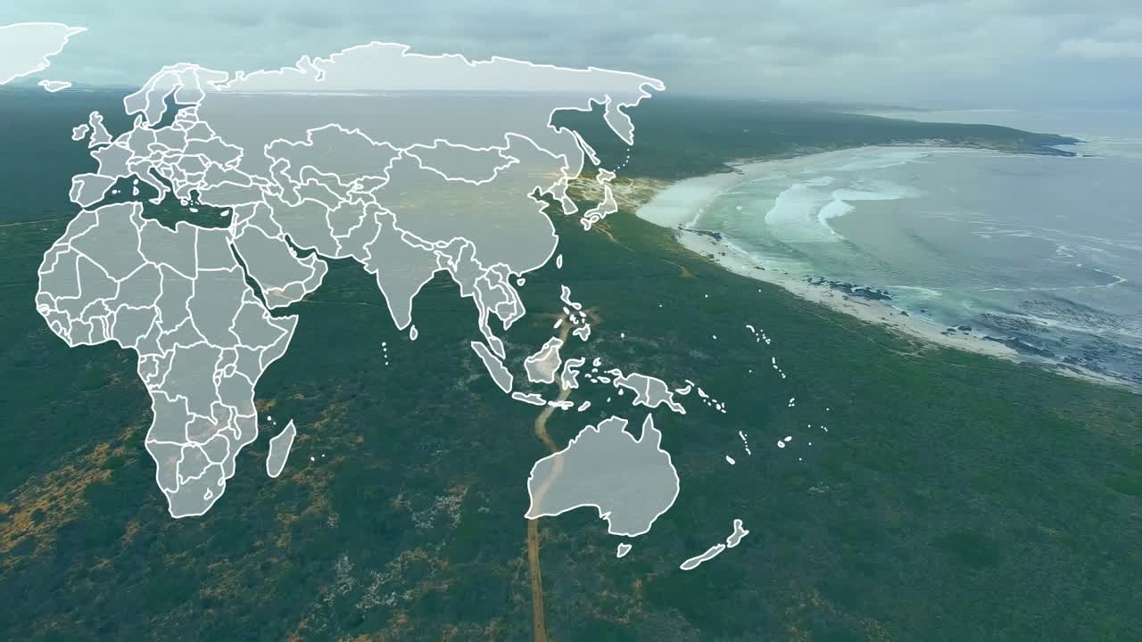 Faint world map overlay appearing expanding and drawing lines as drone moving over bay for context