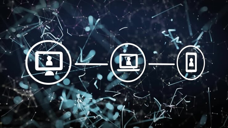 Animation of network of connections with icons on black background