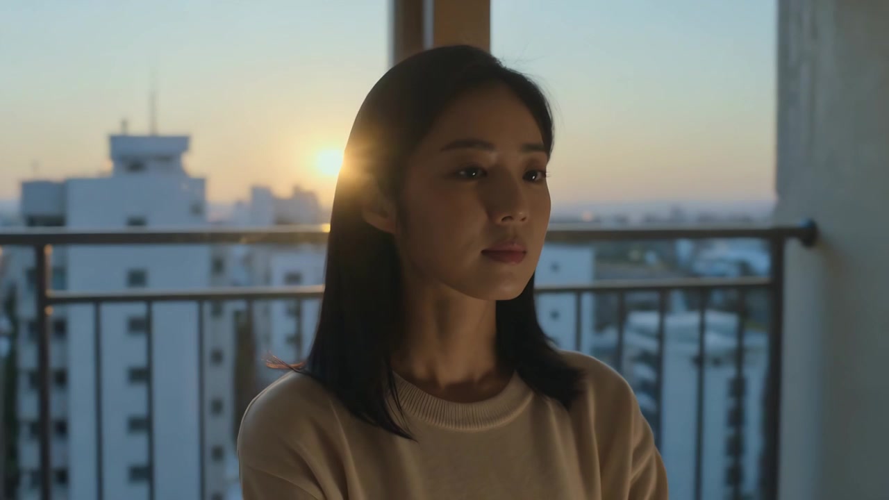 太陽が沈む中、引き戸の近くでバルコニーの手すりを見つめているセーター姿の成人女性。
