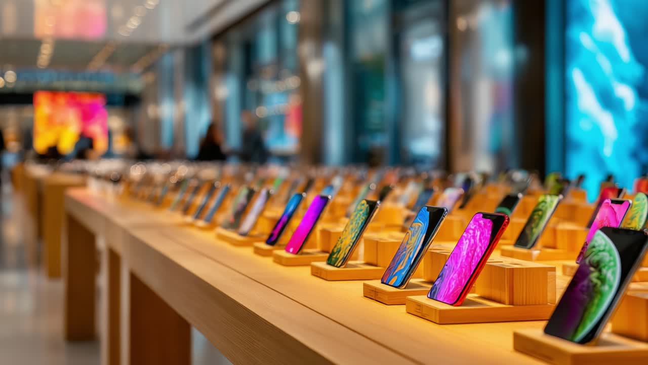 A Vibrant Display of Advanced Smartphones in a Contemporary Store Setting, Showcasing Cutting-Edge Technology and Sleek Designs Under Bright Lighting