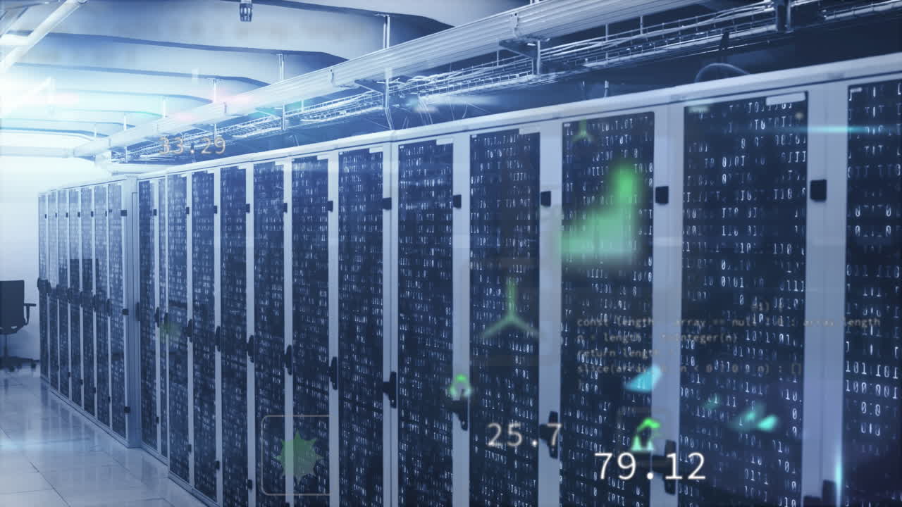 Animation of icons, computer language over binary codes on data server racks in server room