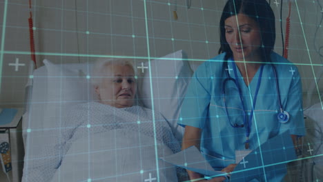 animación del procesamiento de datos sobre una mujer médica con un paciente mayor