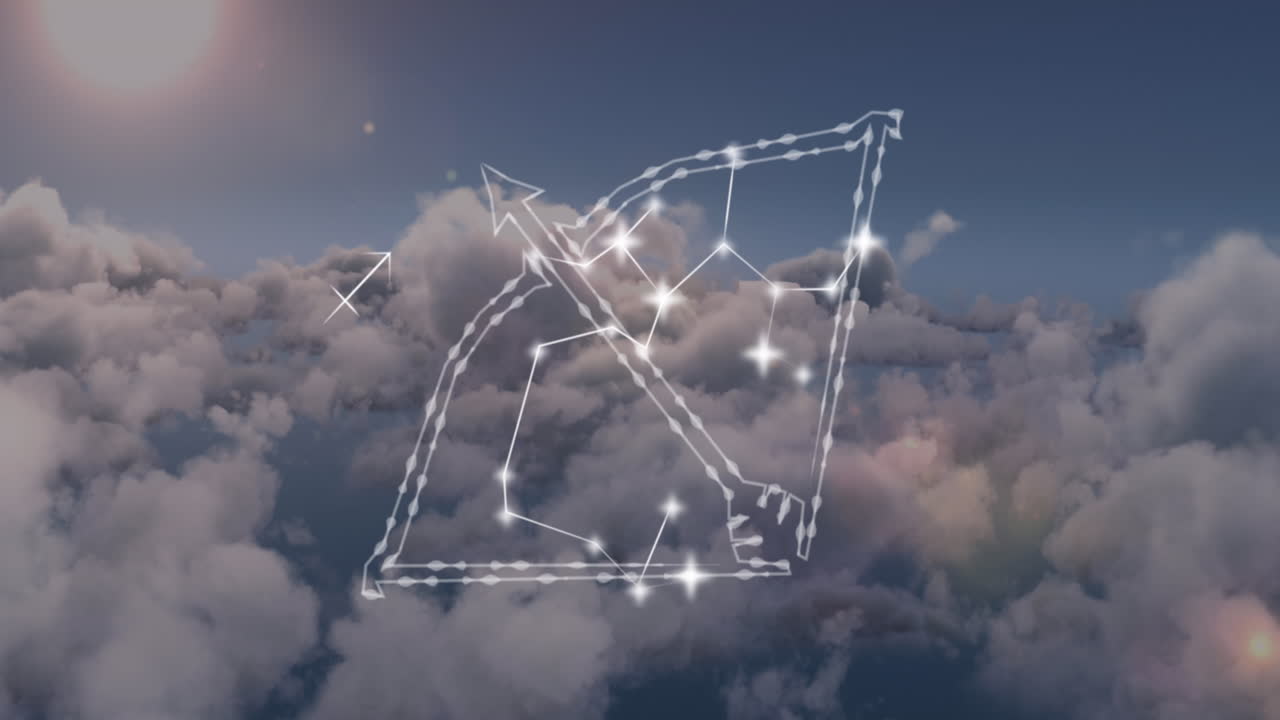 анимация звездного знака стрельца над облаками на небе на заднем плане.