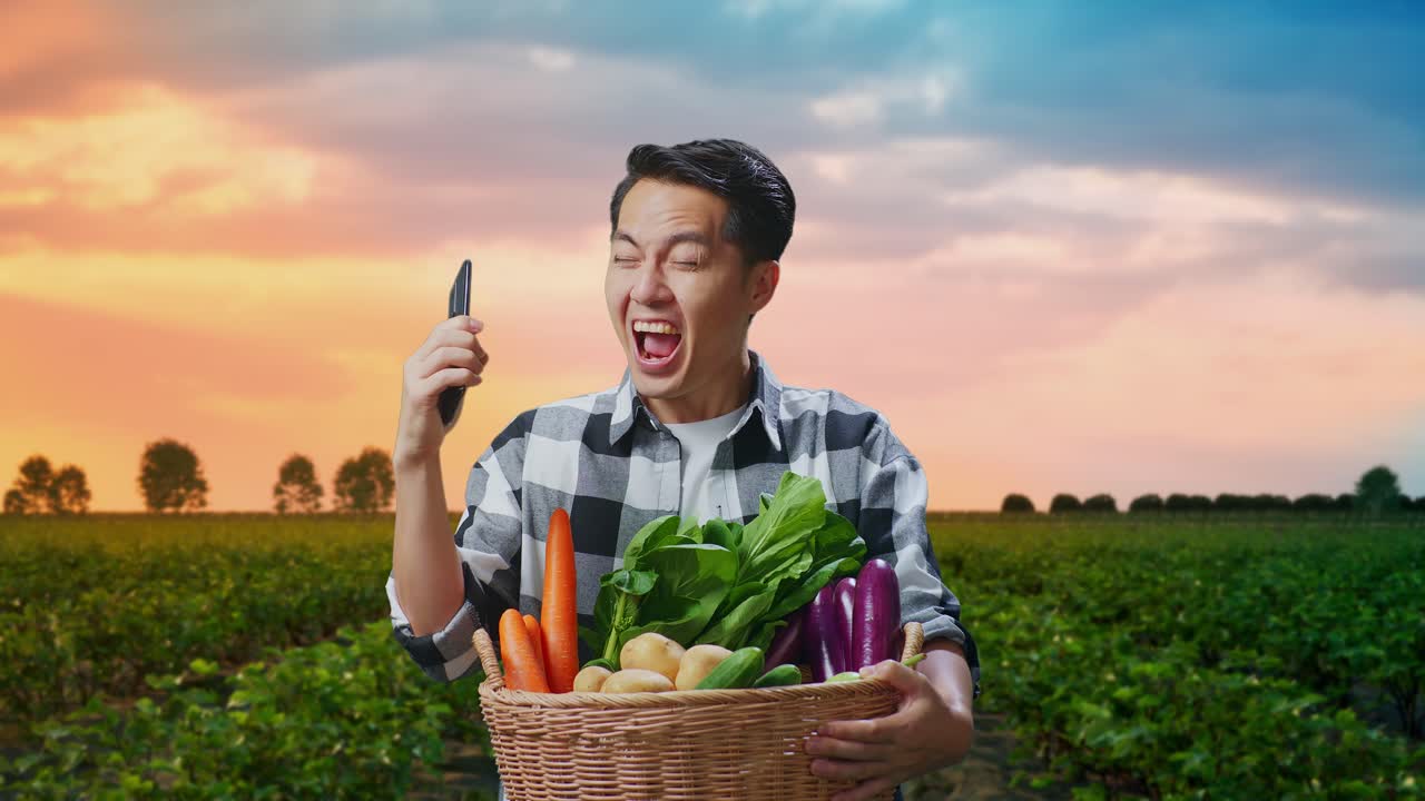 에서 스마트폰을 사용하면서 채소 바구니를 들고 축하하는 행복한 아시아 남성 농부