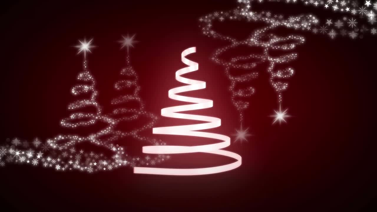 animación de navidad cinta blanca formando árbol de navidad sobre fondo rojo