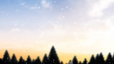 snow falling over multiple trees on winter landscape against sky