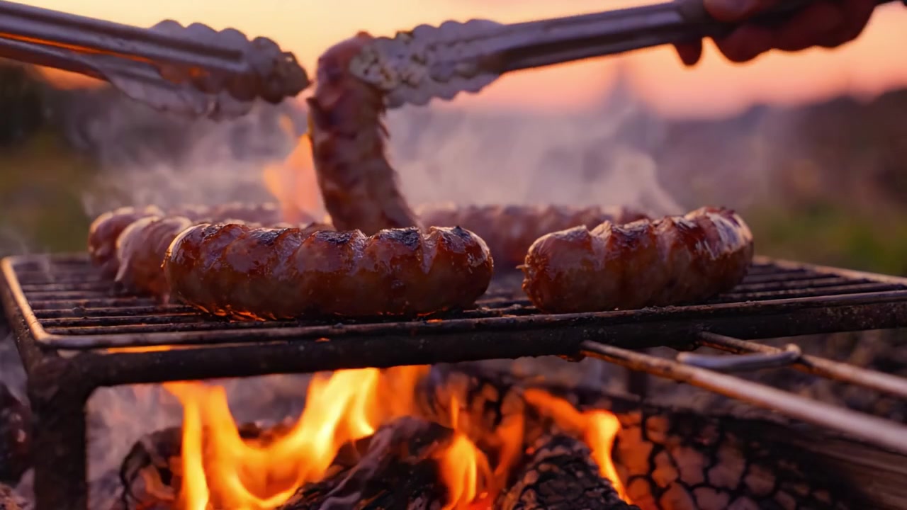 Salsicce sfrigolanti sulla griglia: Un'affascinante grigliata serale sotto un tramonto incandescente, che mostra l'arte della cucina all'aperto con sapori affumicati e calore