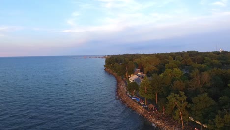 aerial view of a lakeside summer gathering
