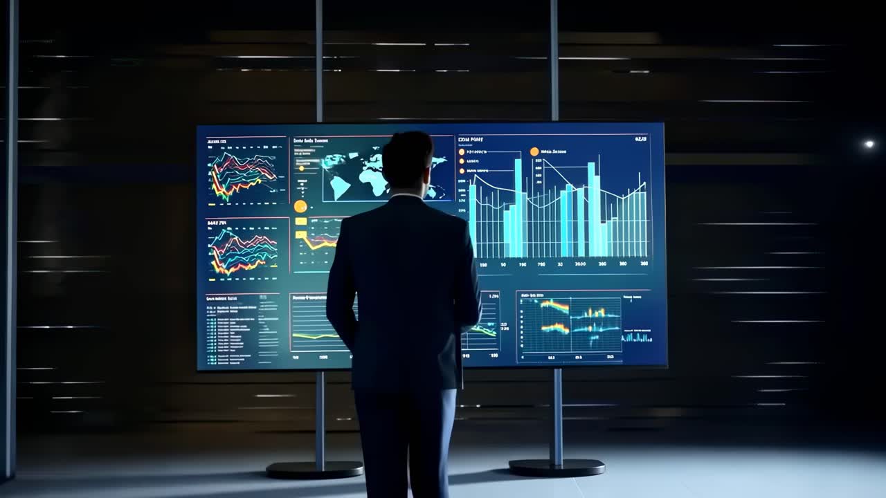 A businessman viewed from behind analyzes data on large screens in a dark room