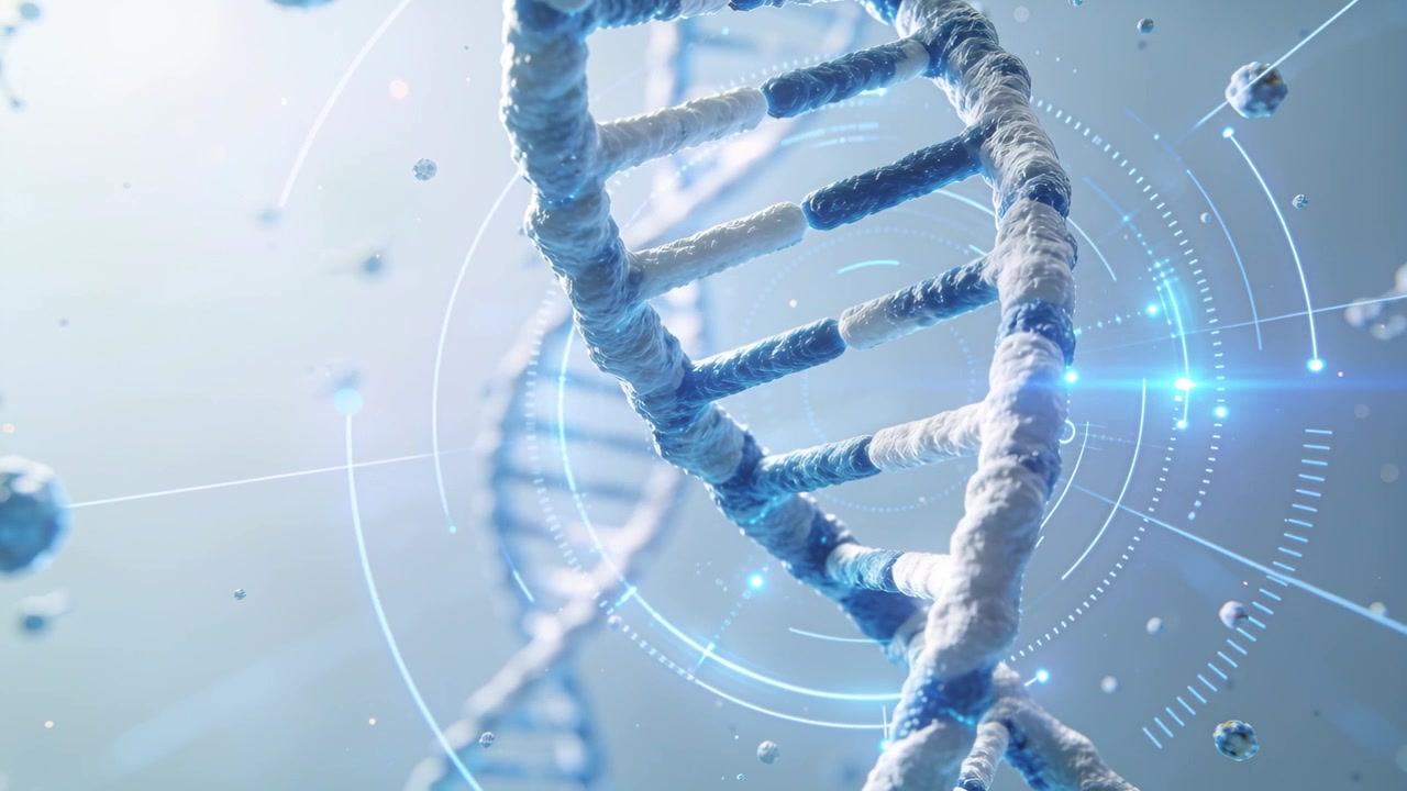 Elica di DNA fibrosa rotante che si avvicina all'obiettivo in un rendering, con carrello che inizia a mostrare dettagli e anelli HUD.
