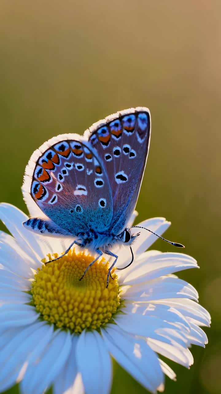Inquadratura video ravvicinata di una farfalla blu vivace posata su una margherita, che mette in risalto l'intricata ala.