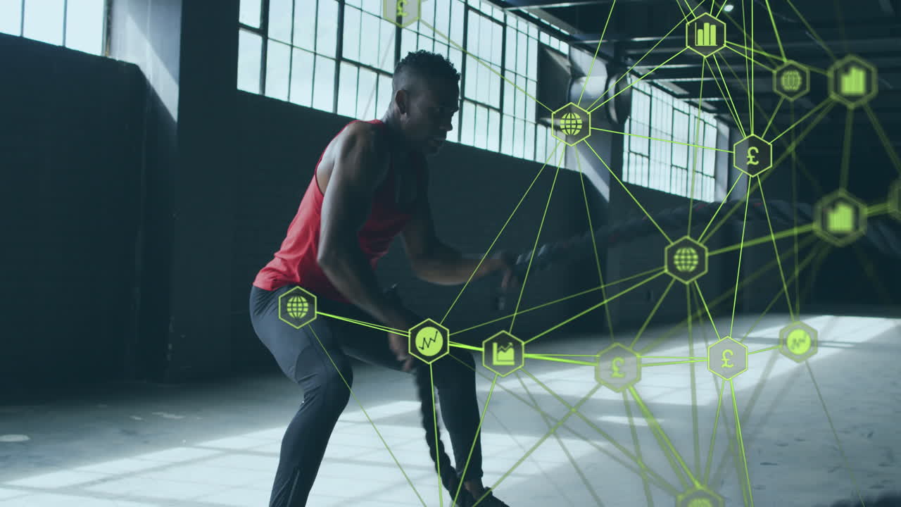 ⁇ 줄로 운동하는 사람 위의 경제적 아이콘과 연결 네트워크의 애니메이션