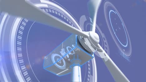 Animation-of-rotating-wind-turbine-with-mechanism-over-violet-background