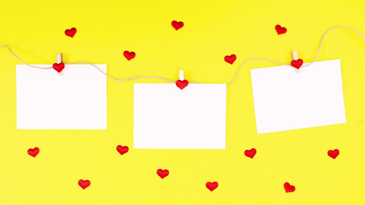 Fogli appesi a una corda e cuori che si muovono su tema giallo per San Valentino. Stop motion.