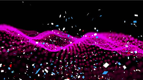 animación digital de confeti colorido cayendo sobre onda digital rosa sobre fondo negro
