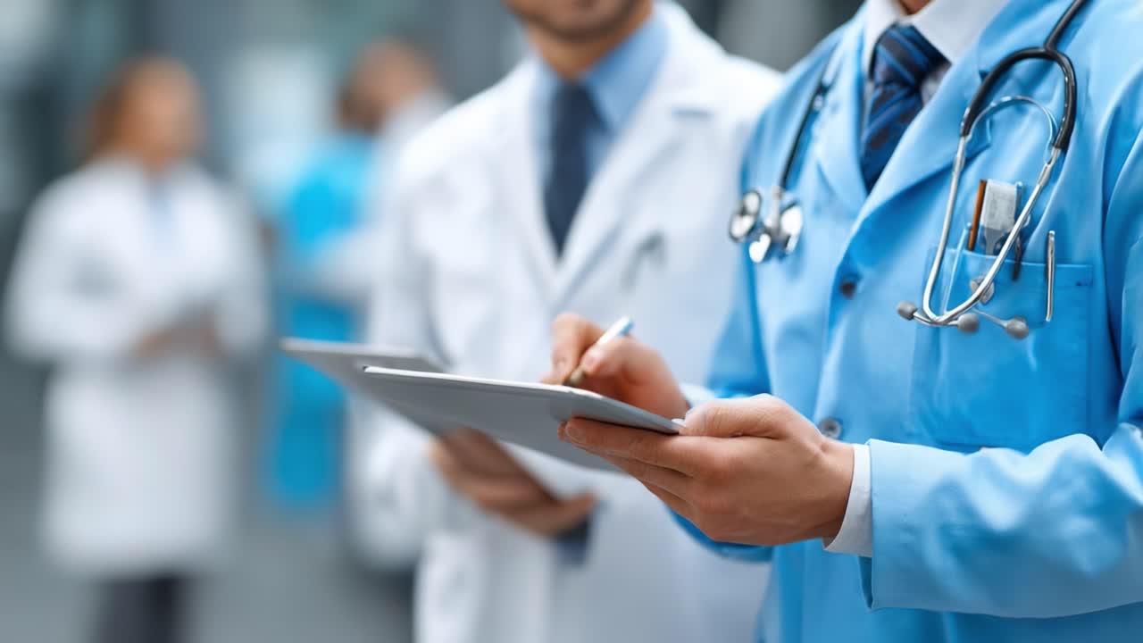 Profissionais de Saúde Colaborando no Cuidado ao Paciente: Médicos Revisando Prontuários Médicos em um Ambiente de Clínica Moderna.