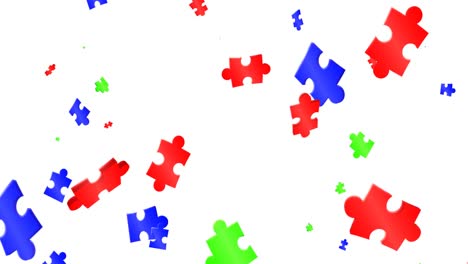 Animation-of-colourful-pieces-of-puzzle-falling-on-white-background