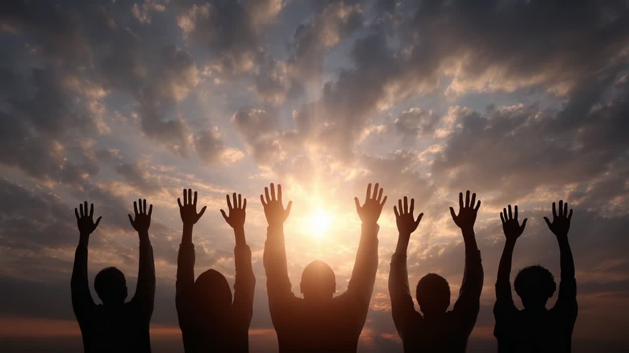 A Group of People Celebrating and Reaching for the Sky Against a Breathtaking Sunset, as They Embrace Freedom and Unity Together Beneath a Dramatic Cloudscape