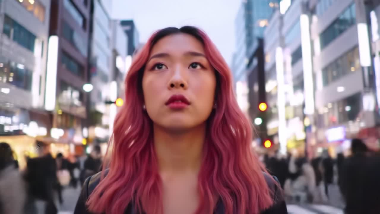 A young woman with pink hair gazes upward as she walks through a bustling urban area. Bright lights illuminate her surroundings while people move around her, creating an energetic atmosphere.