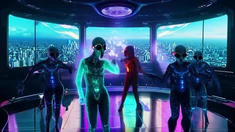 alienígenas bailando en una nave espacial futurista