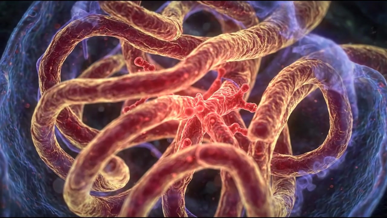 Tubi biologici digitali rossi e blu intrecciati in macro-dettaglio in una visualizzazione scientifica avanzata