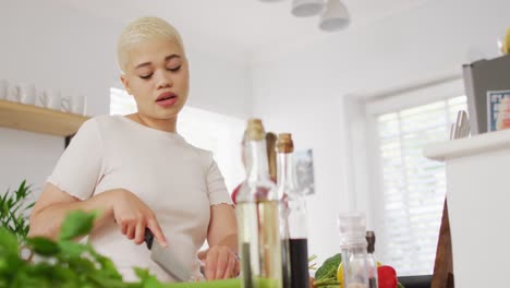 Happy-diverse-female-couple-cooking-vegetables-and-talking-in-kitchen