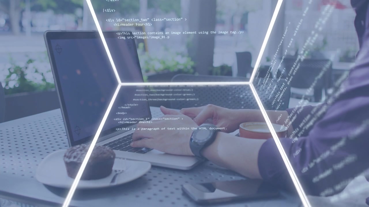 Man typing laptop at cafe, initiating rotating wireframe covering hands and screen while coding