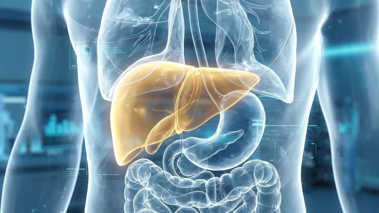 Transparent human torso showing detailed liver anatomy with surrounding organs in advanced medical visualization