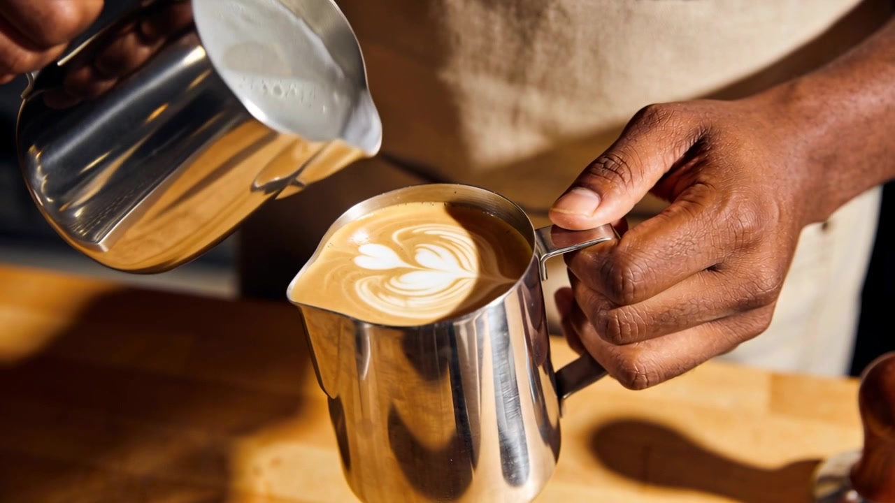 Barista i forklæde hælder fra vippende mælkekande ned i espressokande ved cafedisk, danner roset.