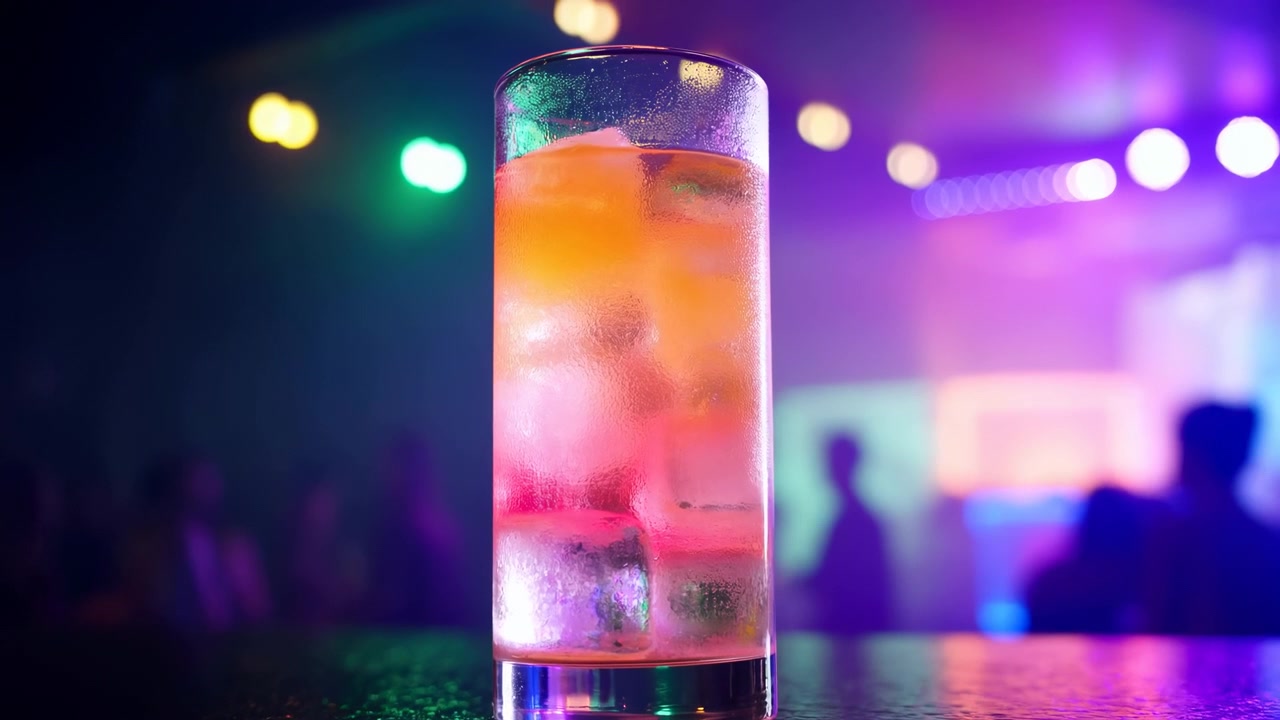 Bicchiere da cocktail al neon su un bancone, bicchiere alto e ghiacciato con condensa e cubetti di ghiaccio, immerso in un bokeh viola e verde.