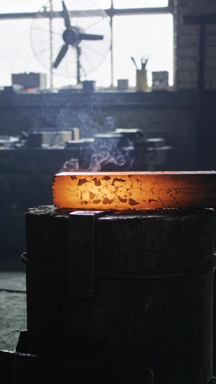 Vertical video: Grinding gloved worker touching grinder to hot billet in shop, removing scale